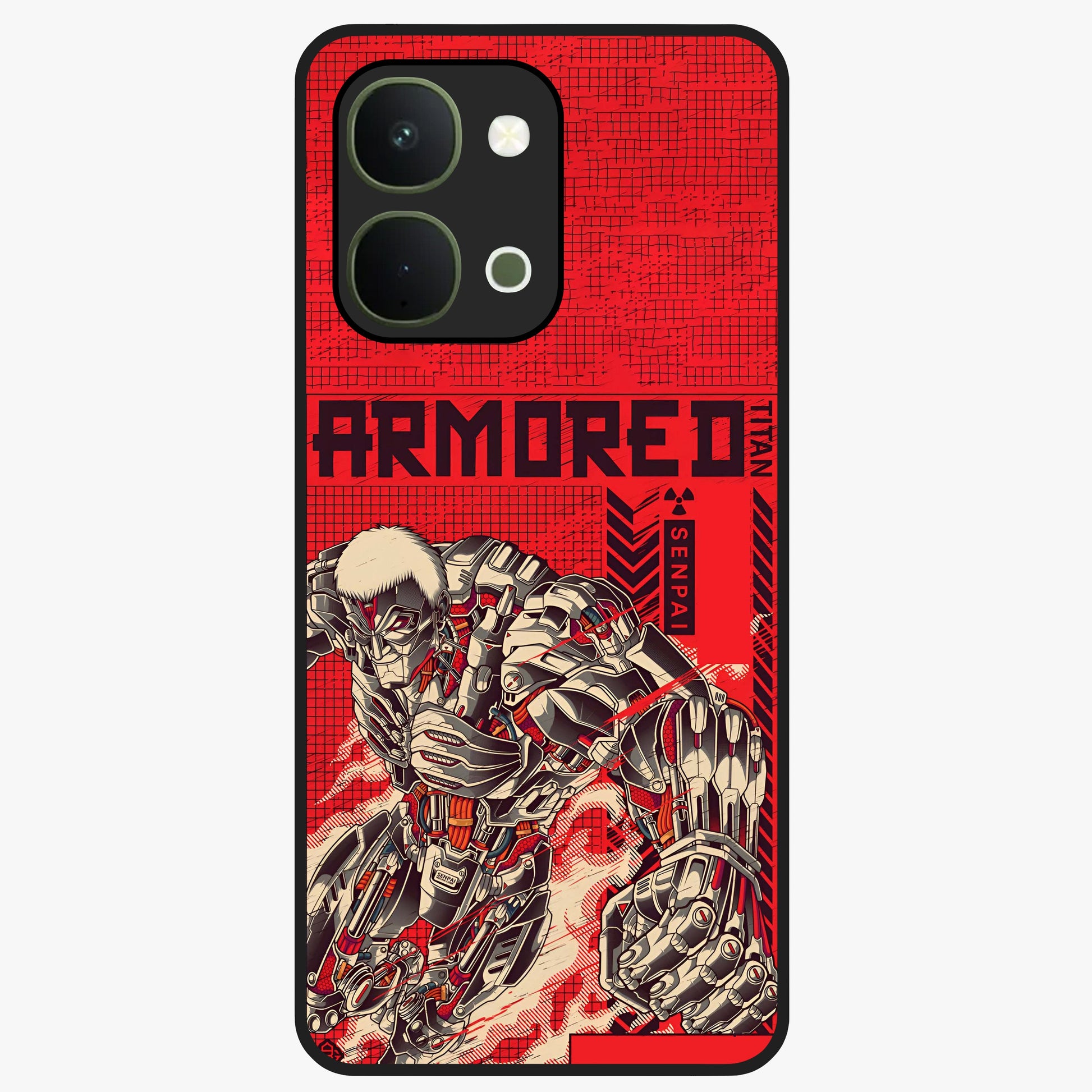 Crimson Mecha Titan Glass Case showing flat back view with powerful mech titan artwork and glossy glass finish.