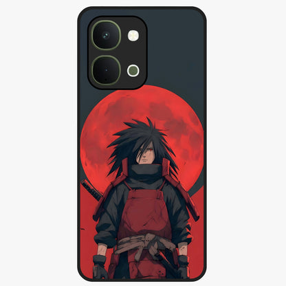 Crimson Moon Warlord Glass Case showing flat back view with mystical moon warrior artwork and glossy glass finish.