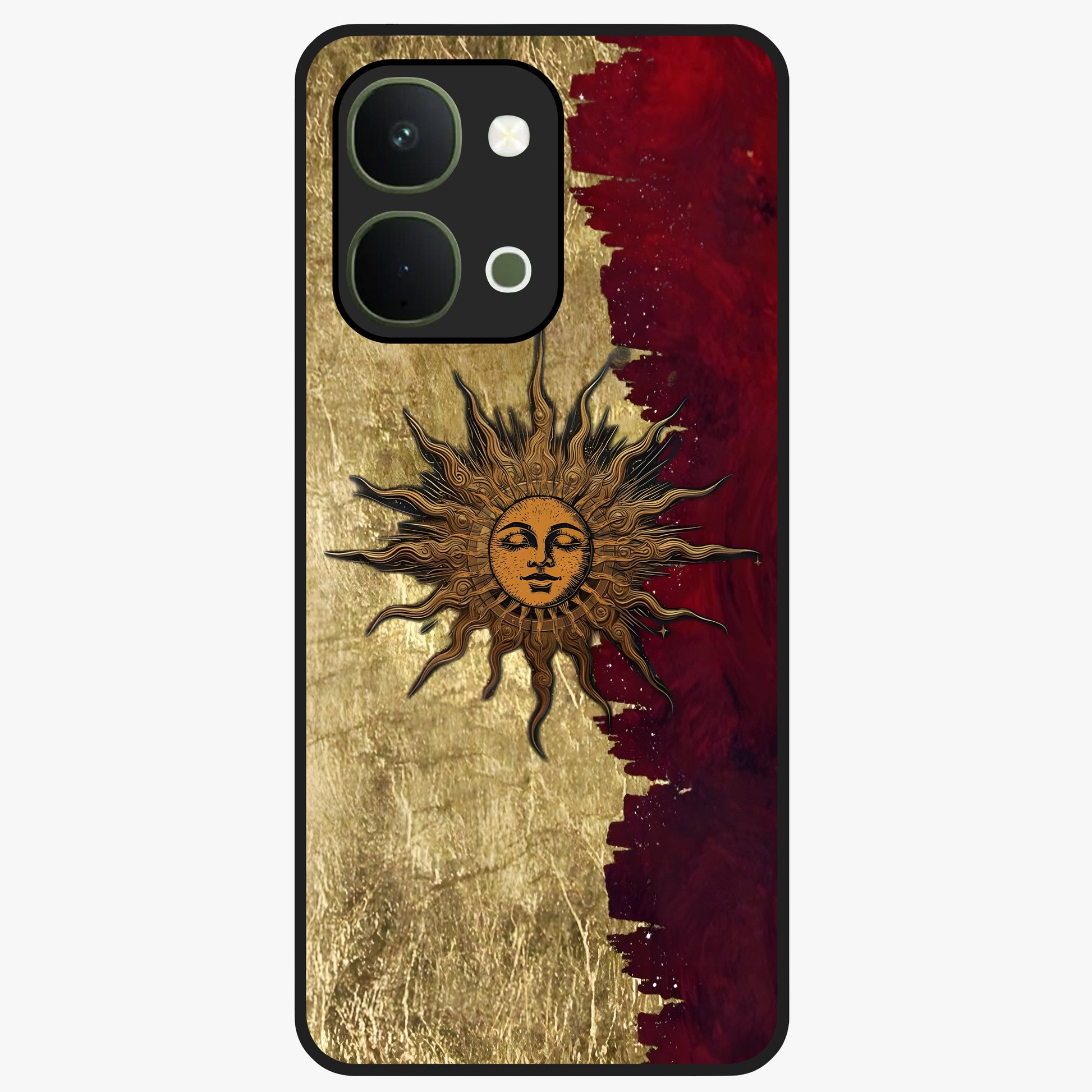 Crimson Sun Majesty Glass Case showing flat back view with radiant sun inspired artwork and glossy glass finish.