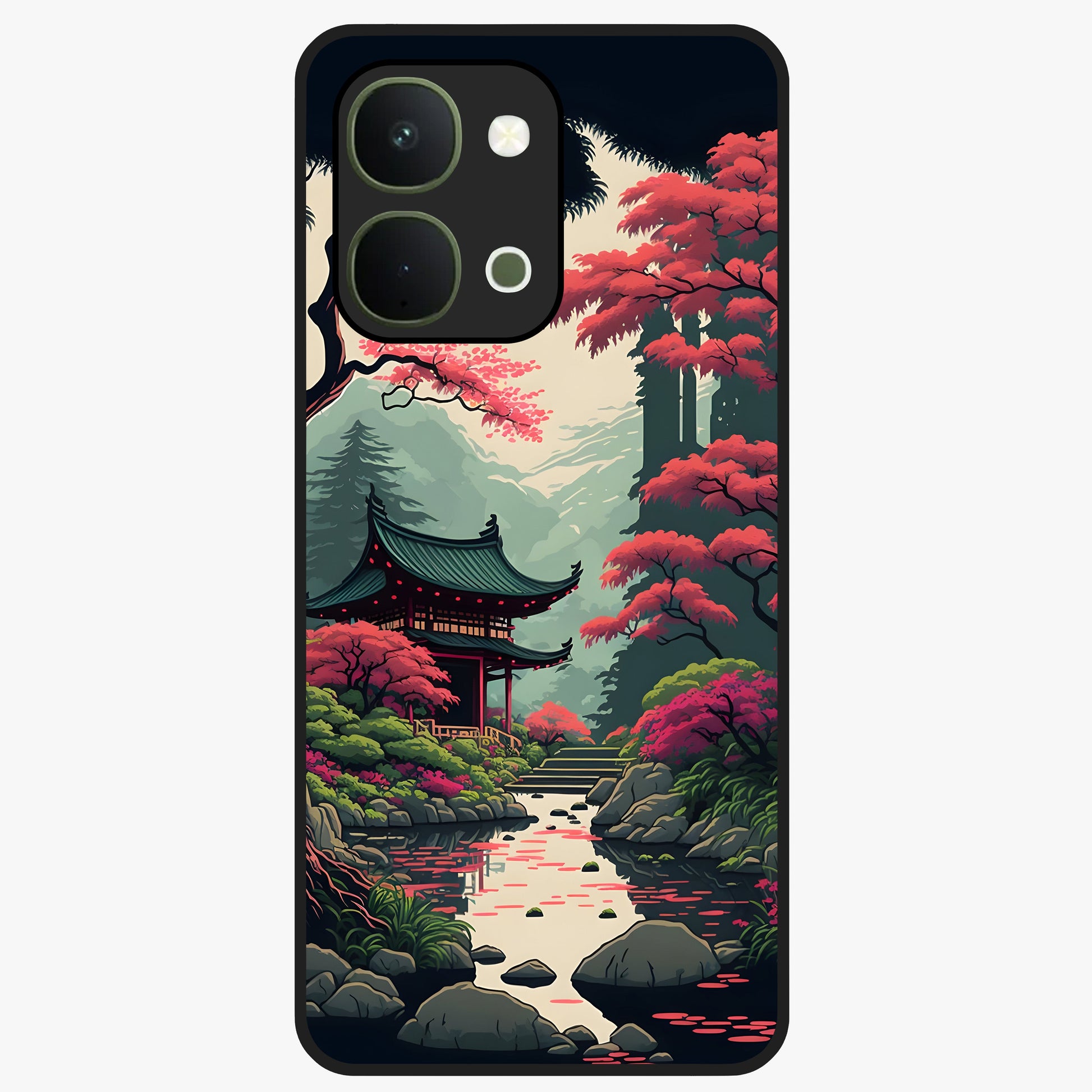Crimson Temple View Glass Case showing flat back view with temple inspired artwork and glossy glass finish.