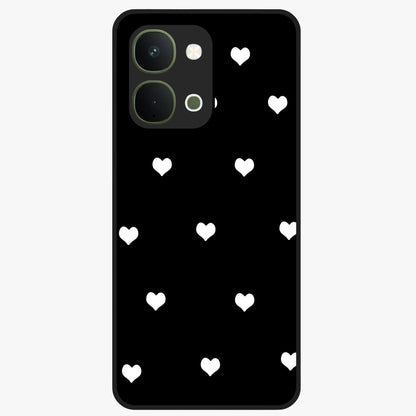 Cute And Simple White Hearts Glass Case showing flat back view with minimal white heart pattern and glossy glass finish.