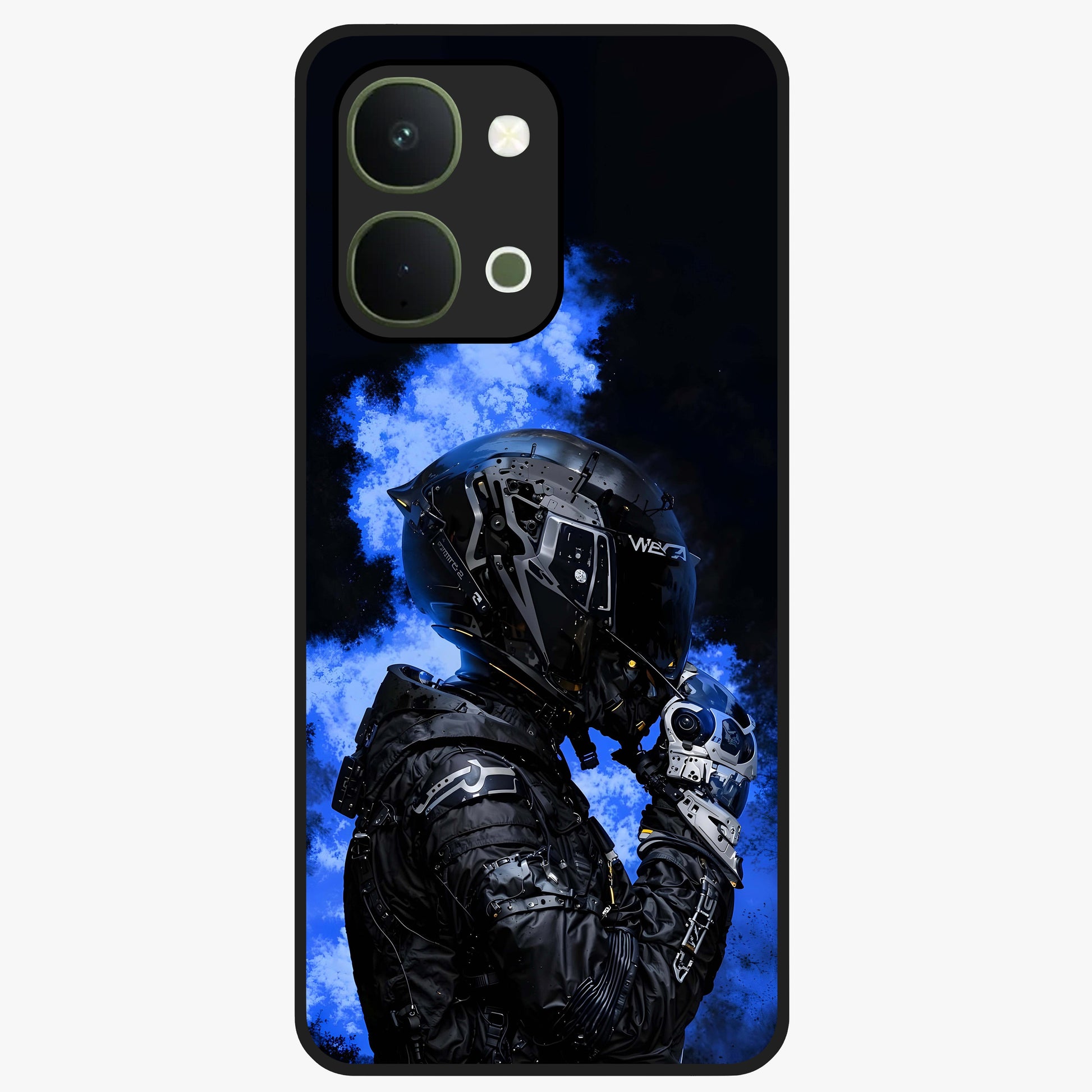 Cyber Sentinel Protocol Glass Case showing flat back view with futuristic cyber themed artwork and glossy glass finish.