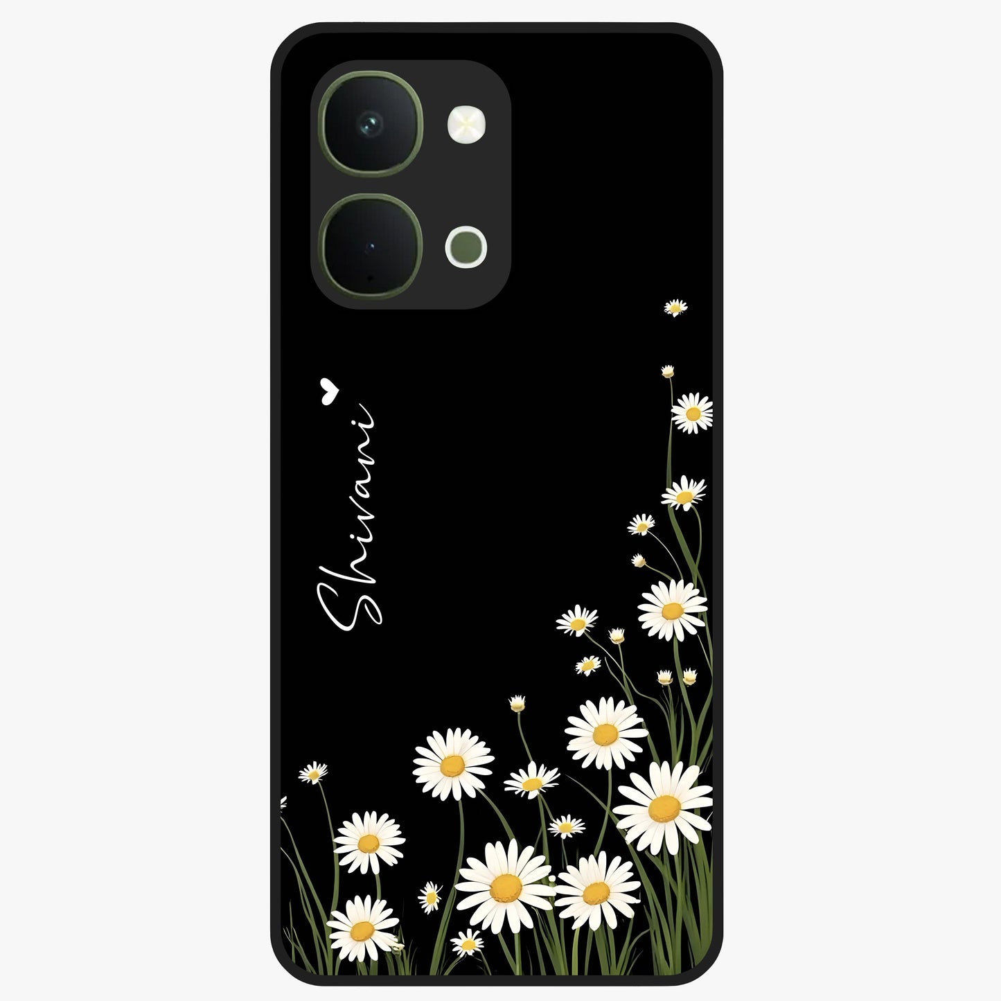 Daisy Cascade Custom Name Glass Case showing flat back view with cascading daisy flowers and personalized name design.