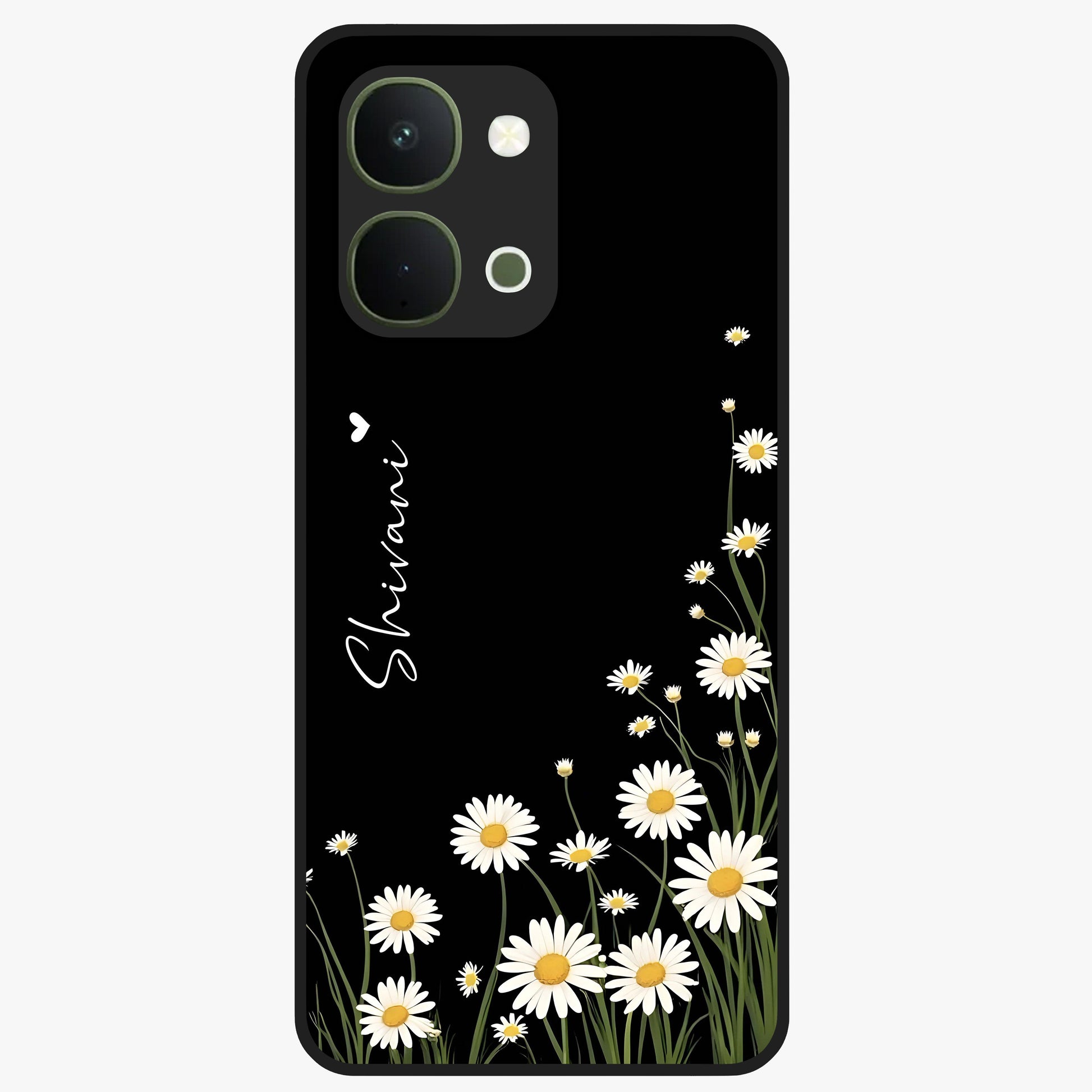 Daisy Cascade Custom Name Glass Case showing flat back view with cascading daisy flowers and personalized name design.
