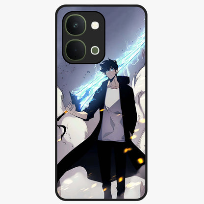 Dark Lightning Anime Warrior Glass Case showing flat back view with intense anime warrior artwork and glossy glass finish.
