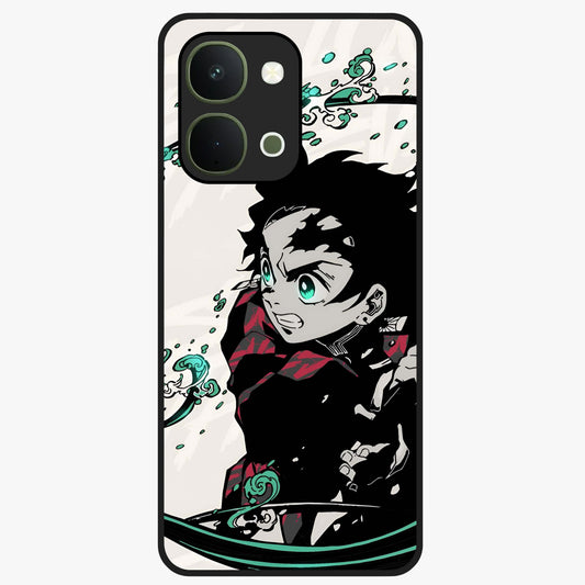 Demon Slayer Glass Case showing flat back view with bold anime inspired artwork and glossy glass finish.