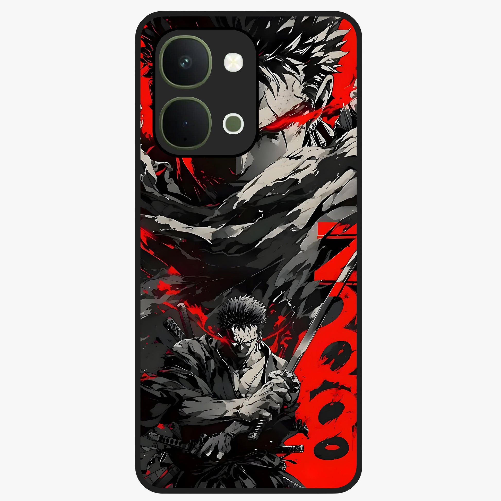Demon Sword Resolve Glass Case showing flat back view with fierce sword warrior artwork and glossy glass finish.