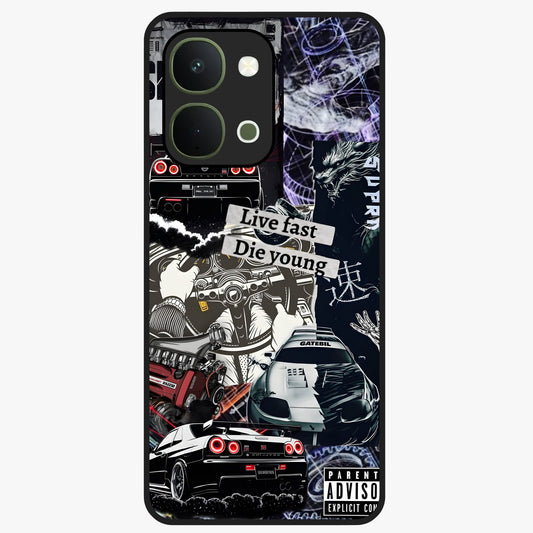 Die Young Glass Case showing flat back view with bold artistic typography design and glossy glass finish.