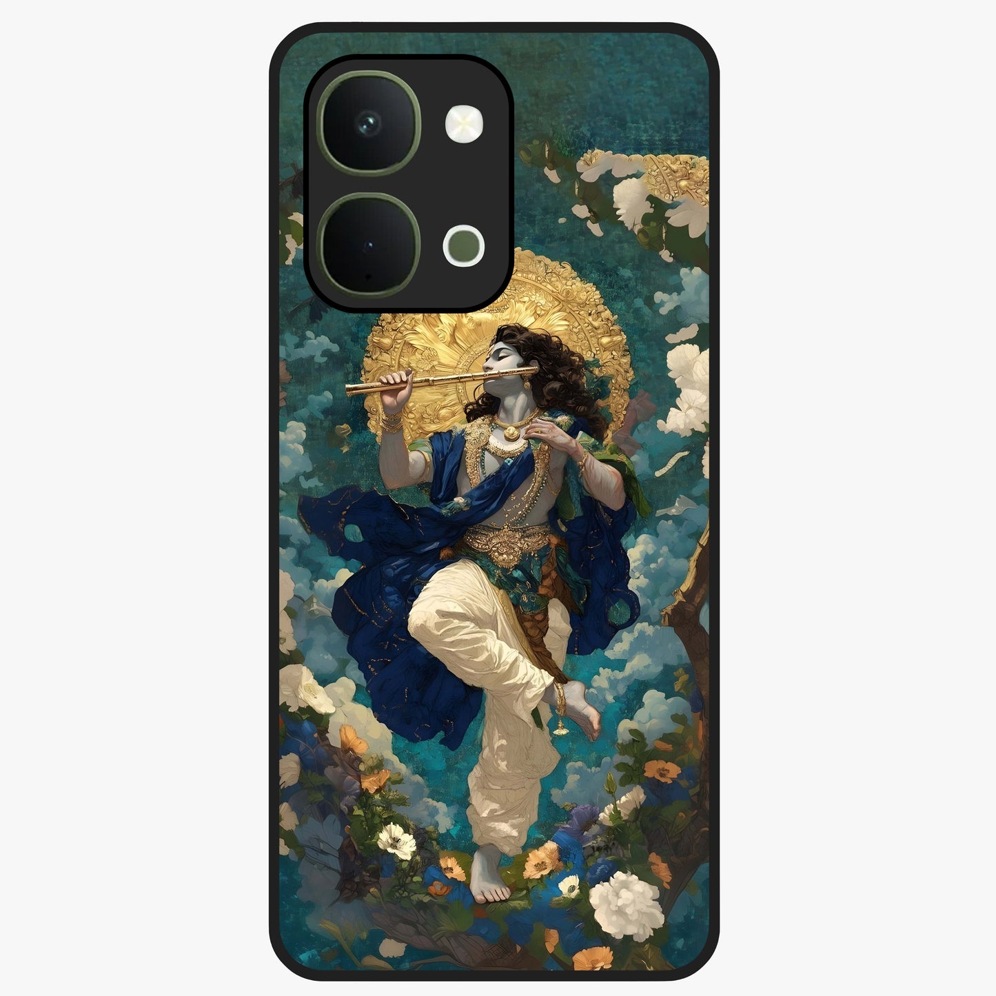Divine Krishna Art Glass Case showing flat back view with Lord Krishna artwork and glossy glass finish.