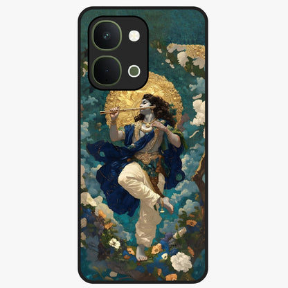 Divine Krishna Art Glass Case showing flat back view with Lord Krishna artwork and glossy glass finish.