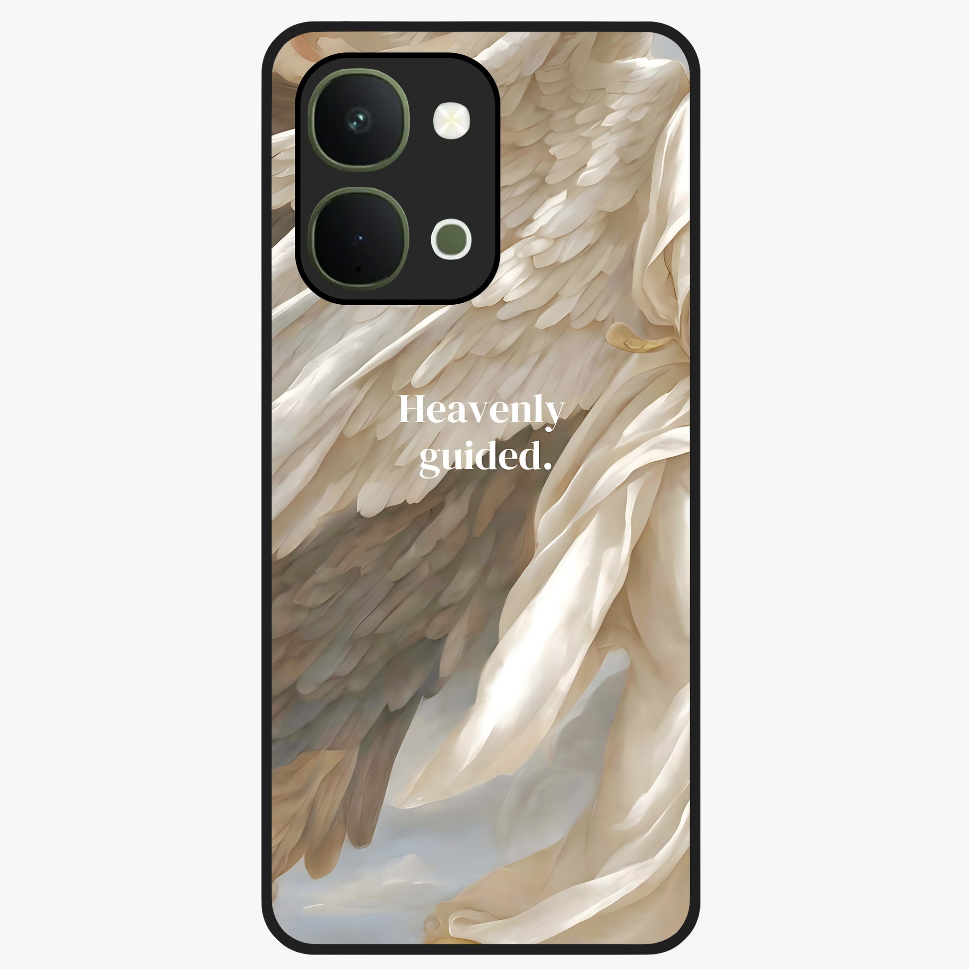 Divine Winged Grace Glass Case showing flat back view with elegant wing inspired artwork and glossy glass finish.