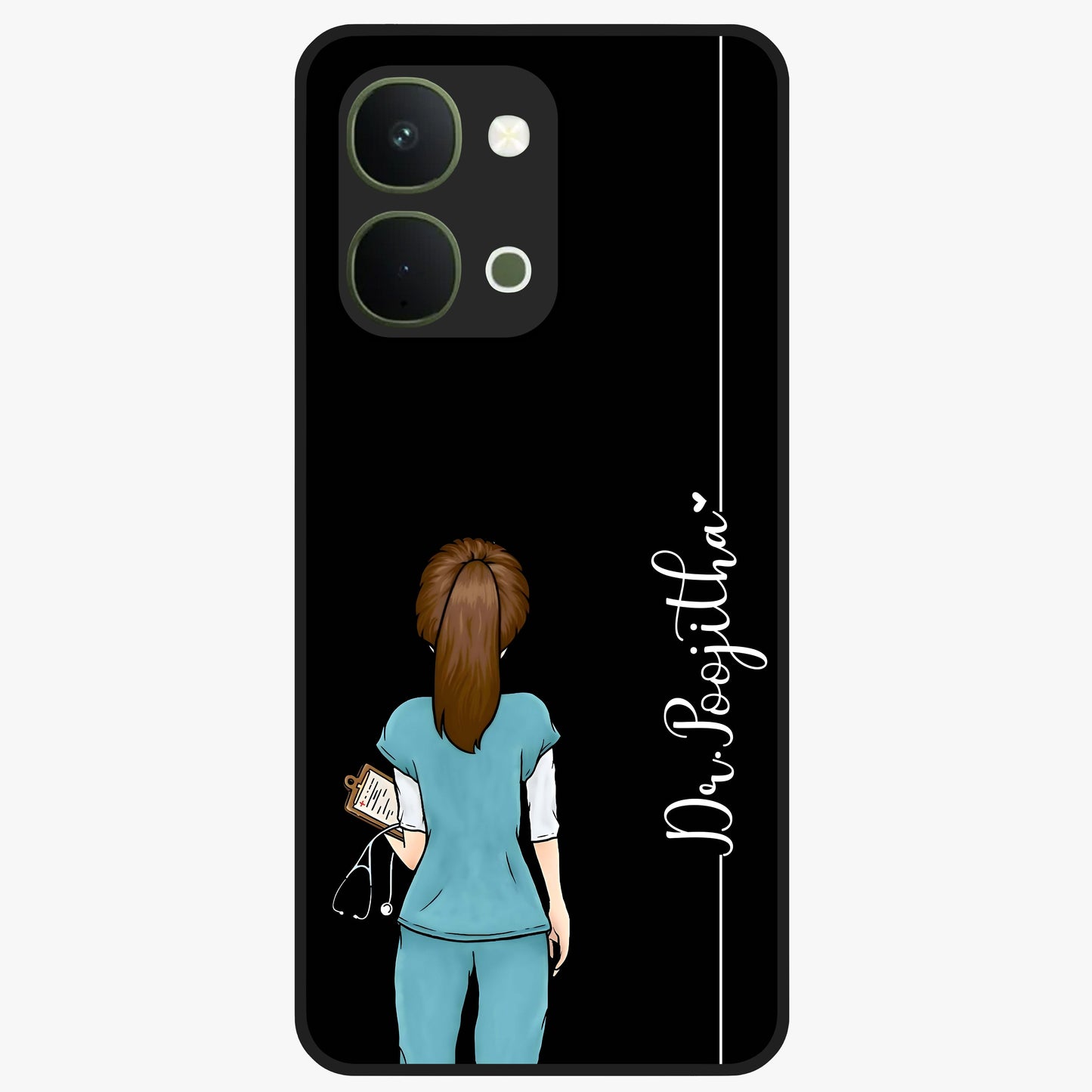 Doctor Pattern Custom Name Glass Case showing flat back view with medical themed pattern and personalized name design.