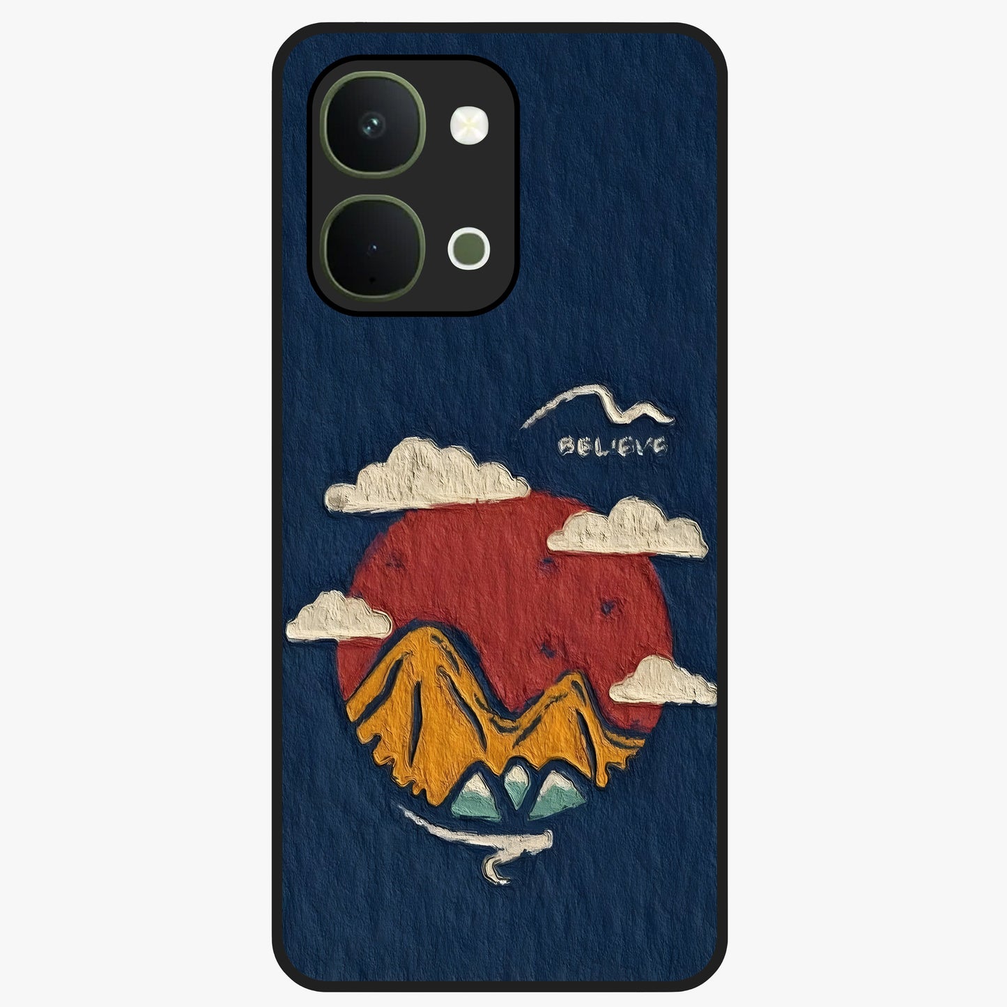 Dream Beyond Mountains Glass Case showing flat back view with scenic mountain landscape artwork and glossy glass finish.