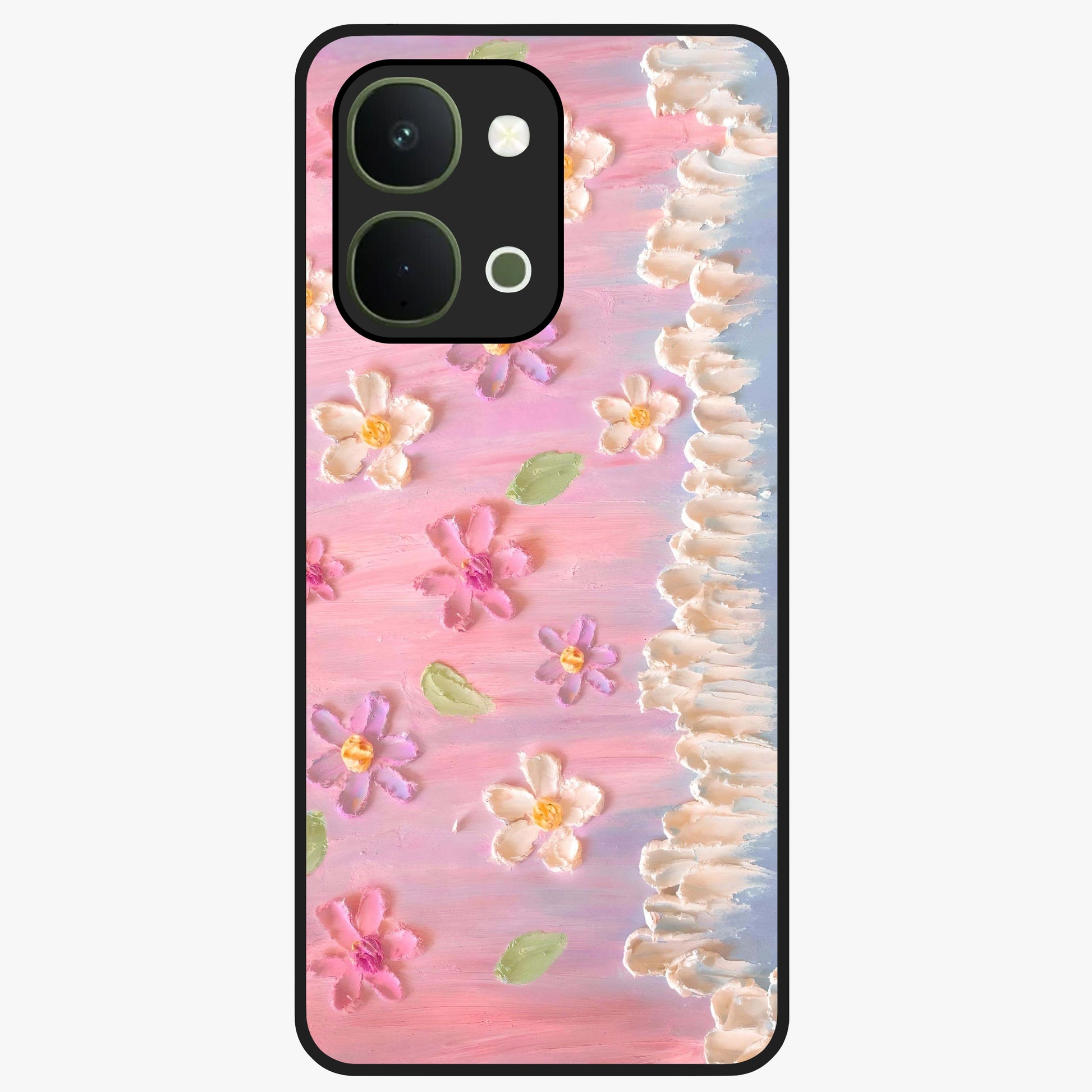 Dreamy Painted Garden Glass Case showing flat back view with artistic painted floral garden artwork and glossy glass finish.