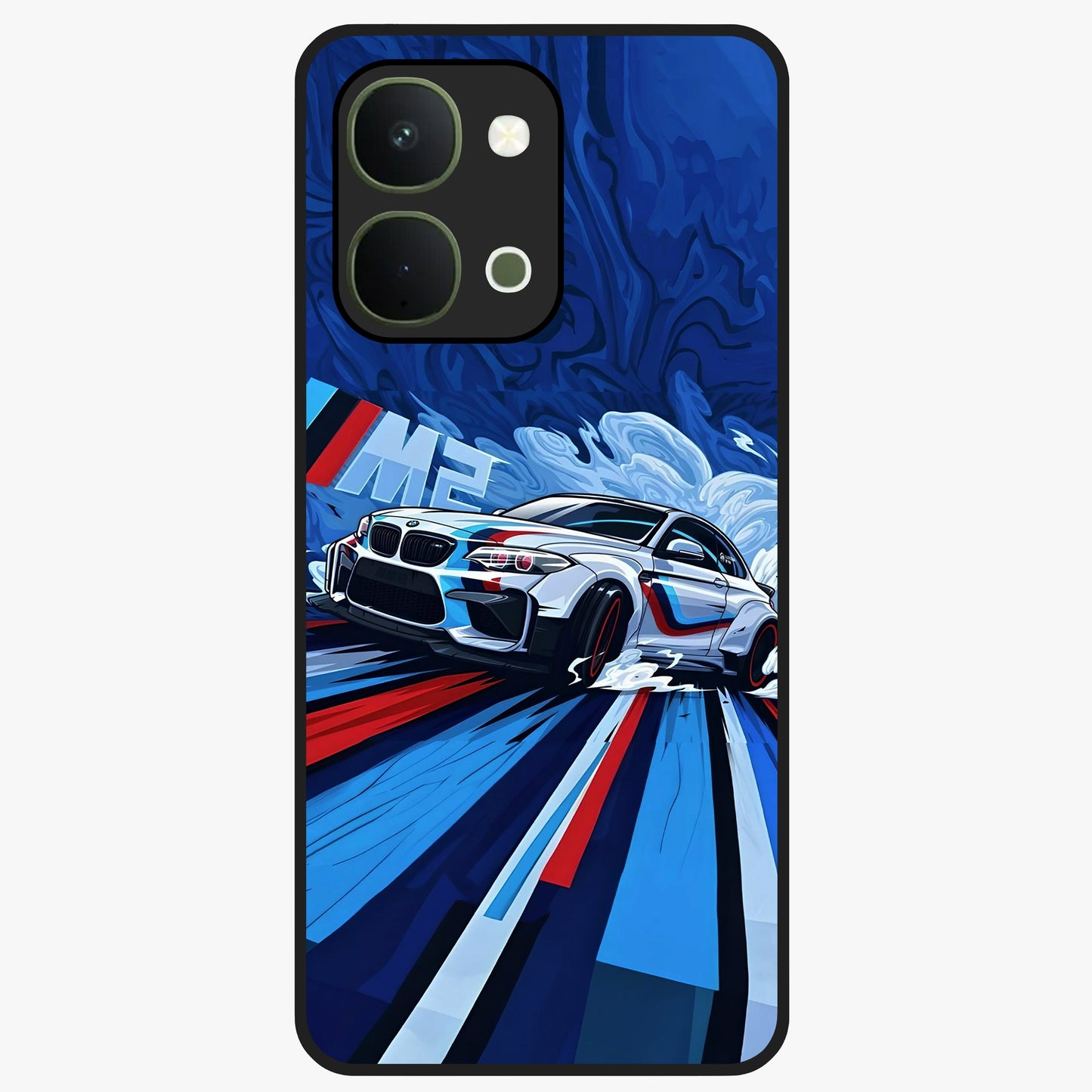 Drift Power Rush Glass Case showing flat back view with dynamic racing inspired artwork and glossy glass finish.