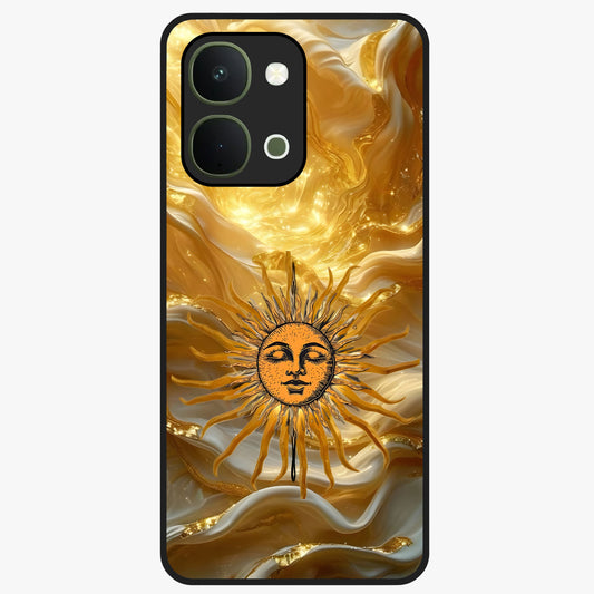 Eternal Golden Glow Glass Case showing flat back view with radiant golden themed artwork and glossy glass finish.