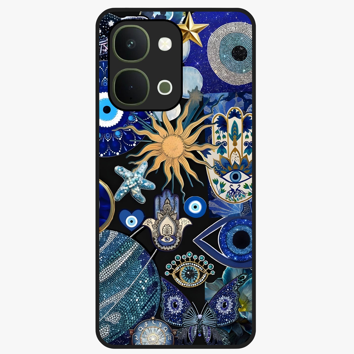 Evil Eye Charm Mix Glass Case showing flat back view with multiple evil eye charms artwork and glossy glass finish.