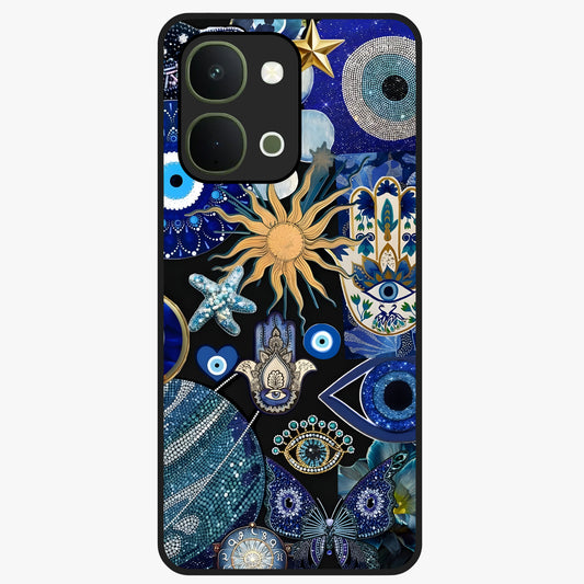 Evil Eye Charm Mix Glass Case showing flat back view with multiple evil eye charms artwork and glossy glass finish.