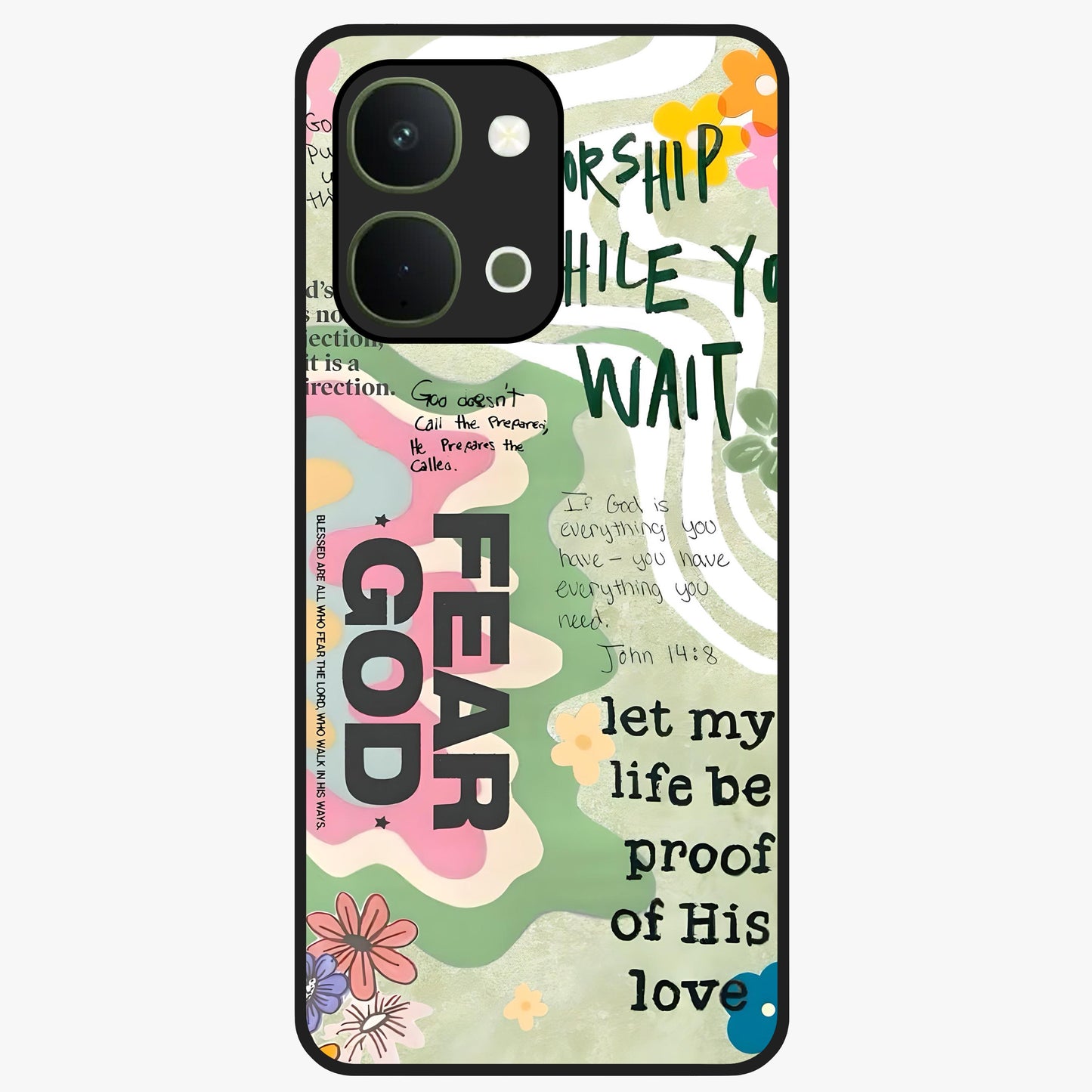 Faith Over Fear Glass Case showing flat back view with motivational typography artwork and glossy glass finish.