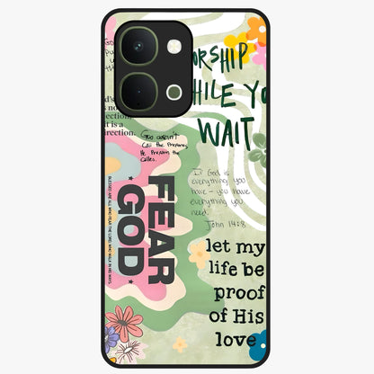 Faith Over Fear Glass Case showing flat back view with motivational typography artwork and glossy glass finish.