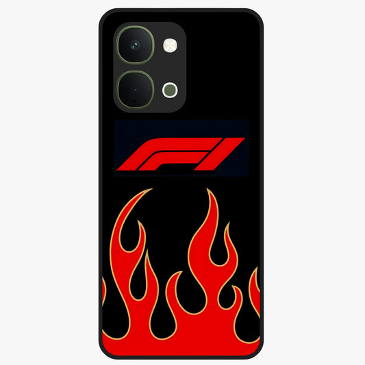 Fire F11 Glass Case showing flat back view with fiery themed artwork and glossy glass finish.