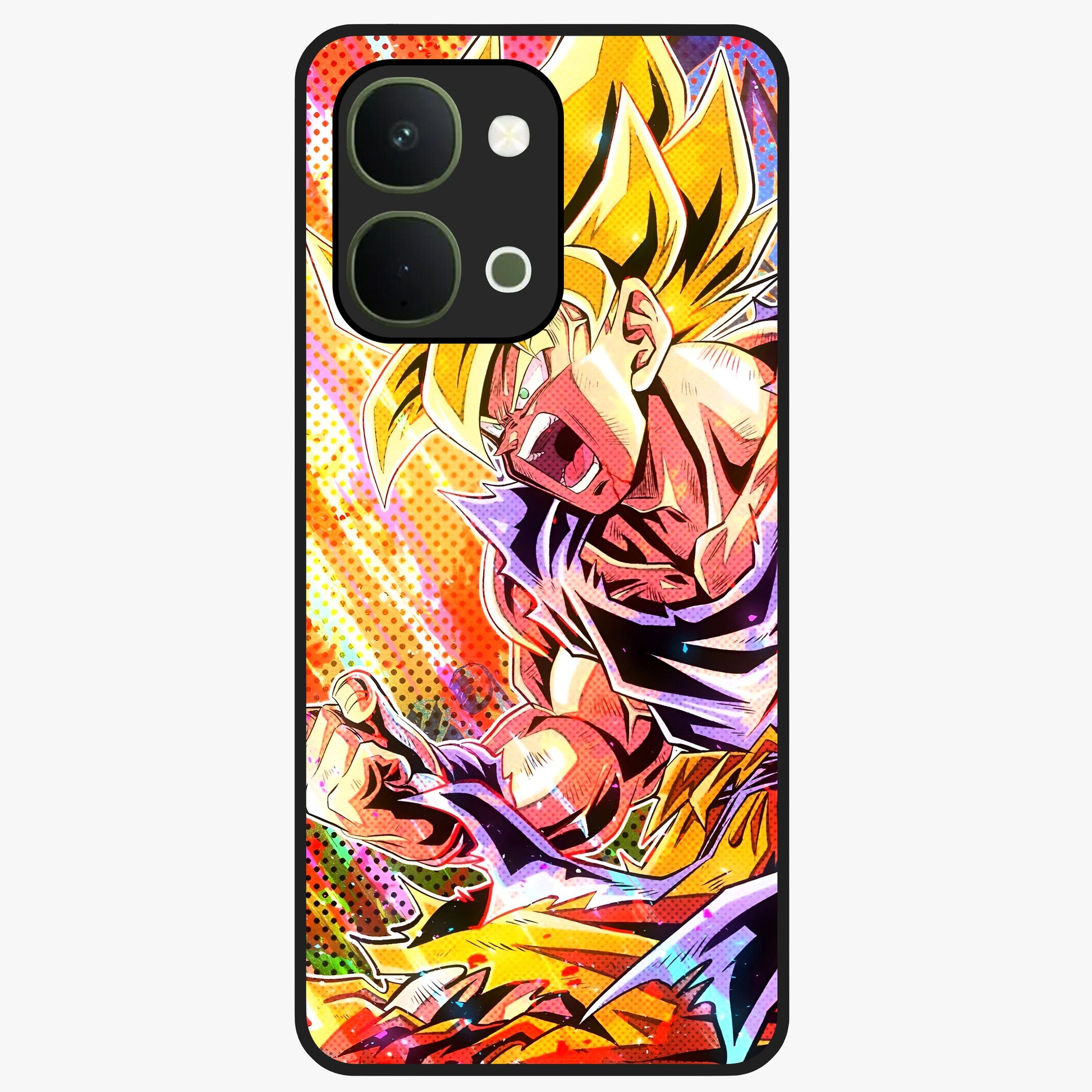 Firing Goku Glass Case showing flat back view with powerful anime inspired artwork and glossy glass finish.