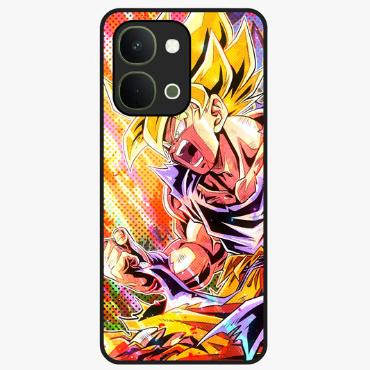 Firing Goku Glass Case showing flat back view with powerful anime inspired artwork and glossy glass finish.