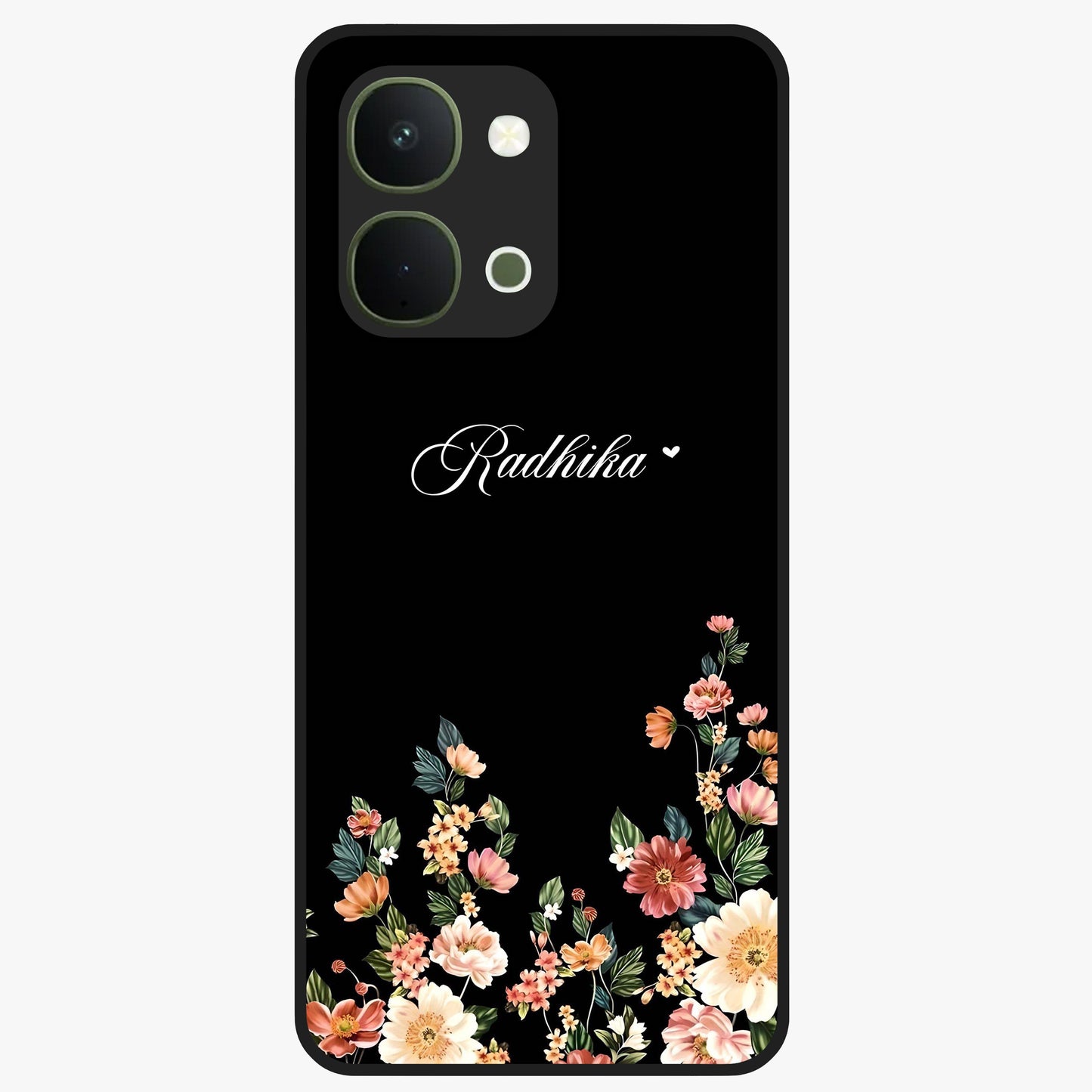 Floral Design With a Custom Personalized Name Glass Case showing flat back view with floral artwork and personalized name design.