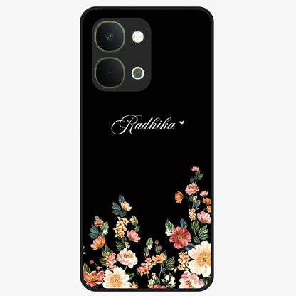 Floral Design With a Custom Personalized Name Glass Case showing flat back view with floral artwork and personalized name design.