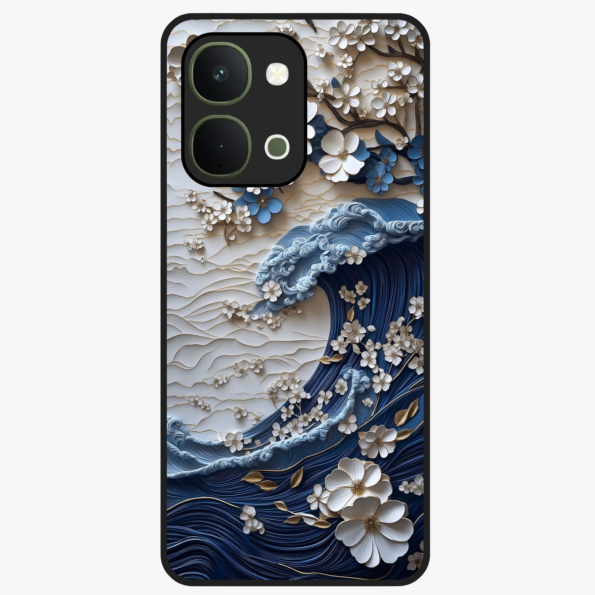 Floral Wave Origami Glass Case showing flat back view with origami inspired floral wave artwork and glossy glass finish.