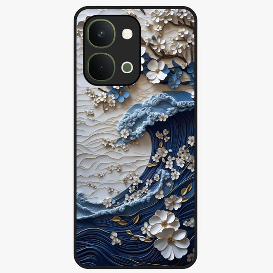 Floral Wave Origami Glass Case showing flat back view with origami inspired floral wave artwork and glossy glass finish.
