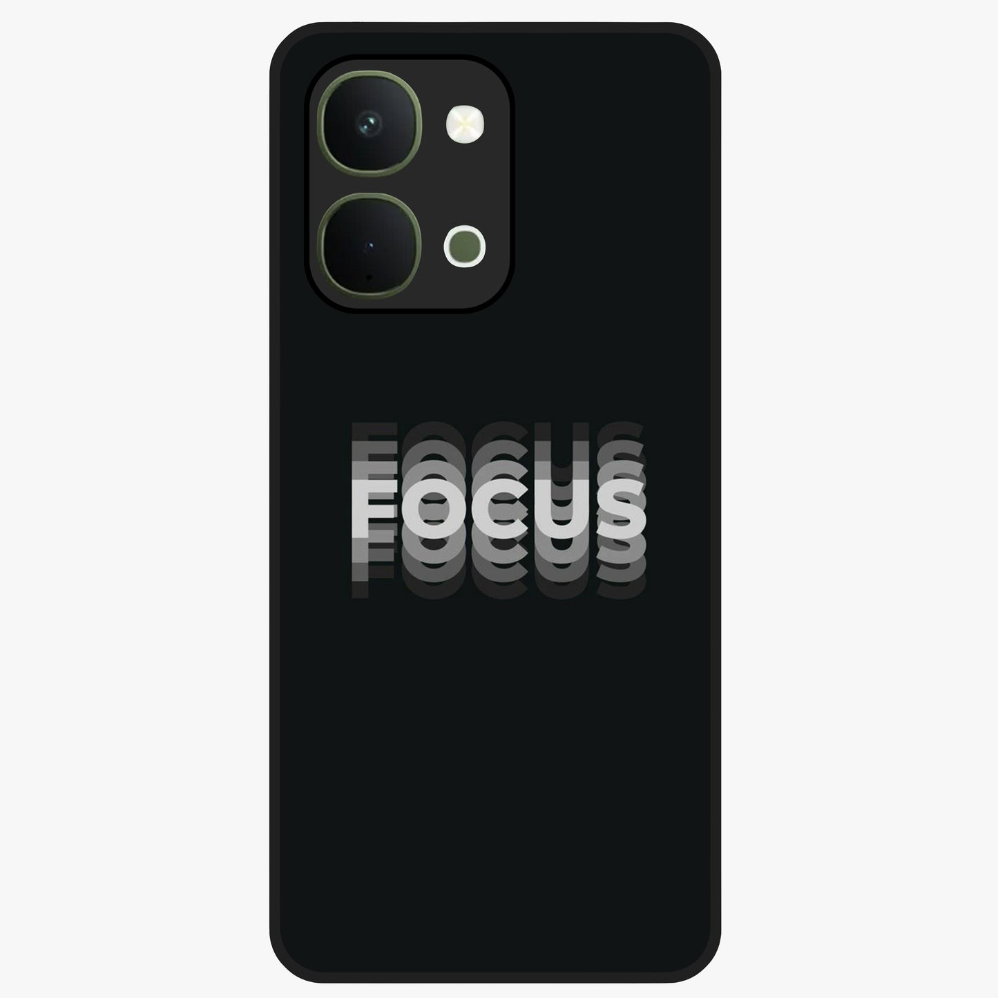 Focus Mode On Glass Case showing flat back view with bold motivational typography design and glossy glass finish.