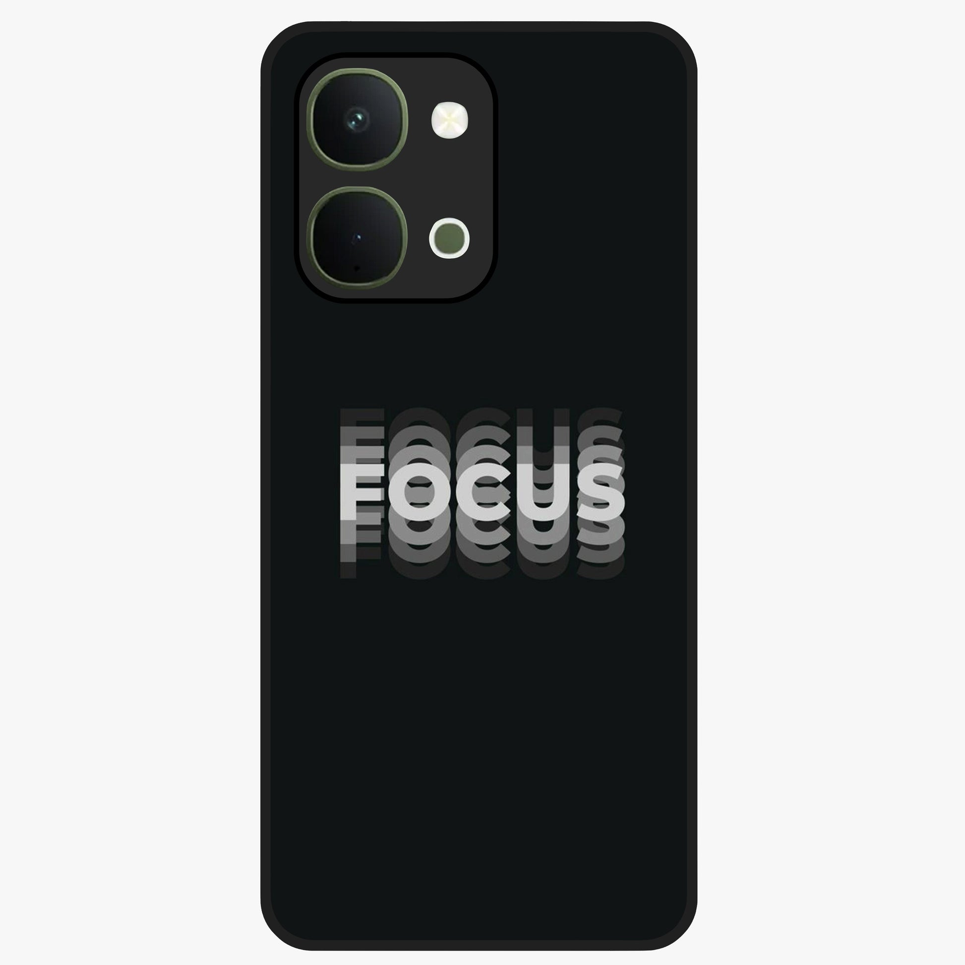 Focus Mode On Glass Case showing flat back view with bold motivational typography design and glossy glass finish.