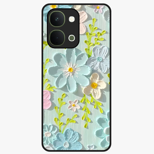 Frosted Petal Garden Glass Case showing flat back view with soft frosted floral artwork and glossy glass finish.