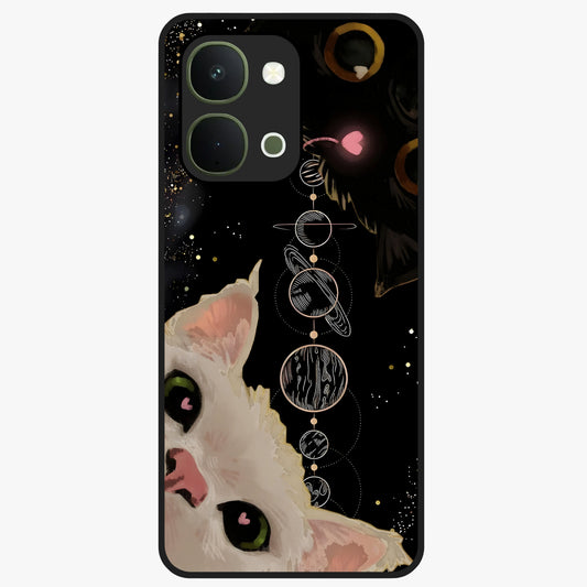 Galactic Cat Glass Case showing flat back view with cosmic cat artwork and glossy glass finish.