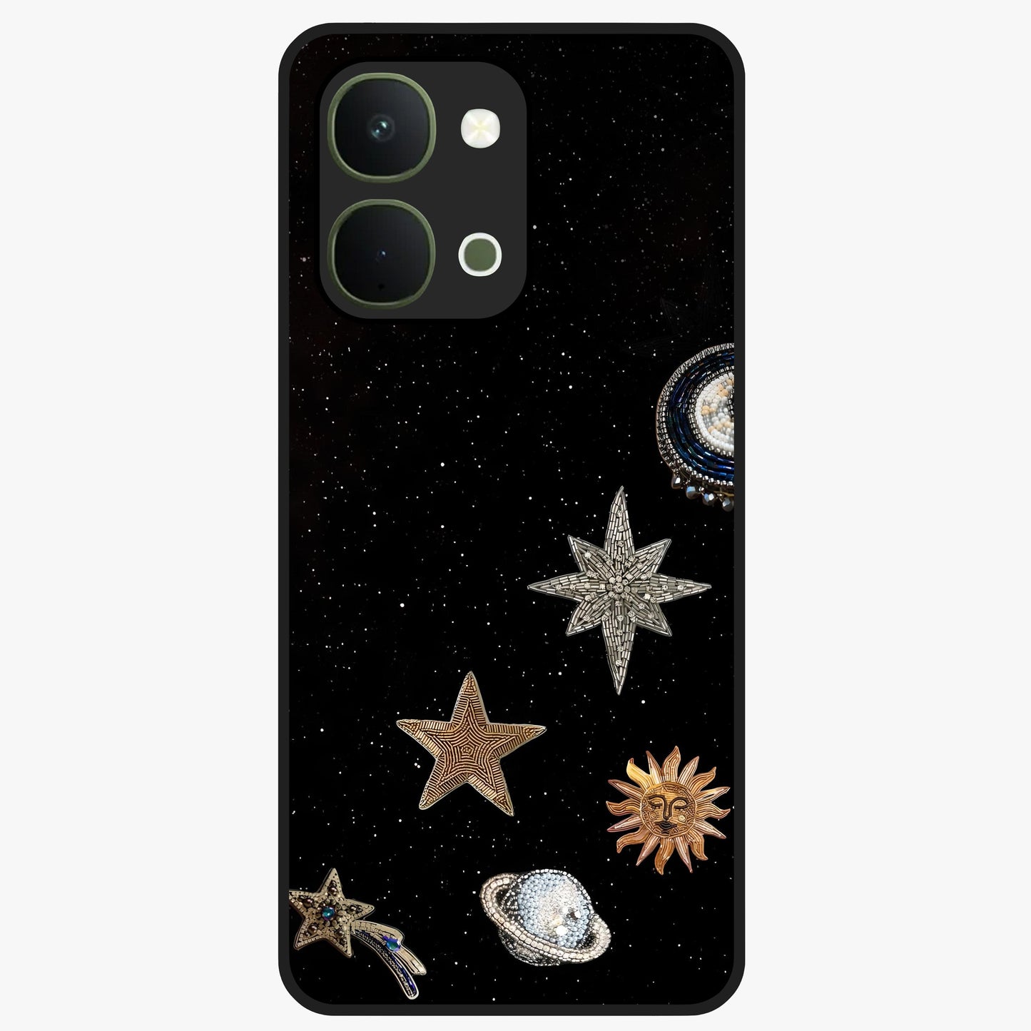 Galactic Charm Glow Glass Case showing flat back view with glowing celestial charm artwork and glossy glass finish.