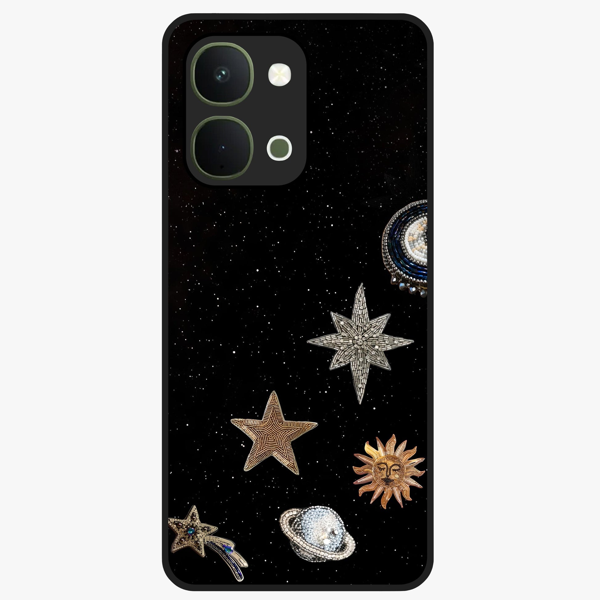Galactic Charm Glow Glass Case showing flat back view with glowing celestial charm artwork and glossy glass finish.