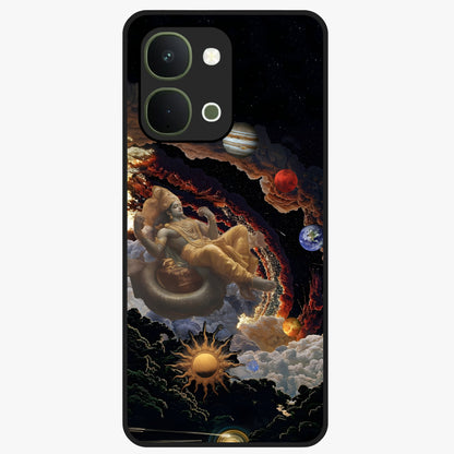 Galactic Divine God Glass Case showing flat back view with divine cosmic themed artwork and glossy glass finish.