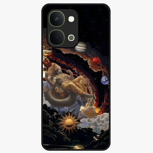 Galactic Divine God Glass Case showing flat back view with divine cosmic themed artwork and glossy glass finish.