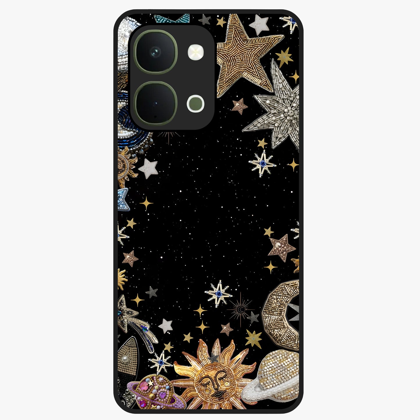 Galactic Jewel Stars Glass Case showing flat back view with sparkling star jewel artwork and glossy glass finish.
