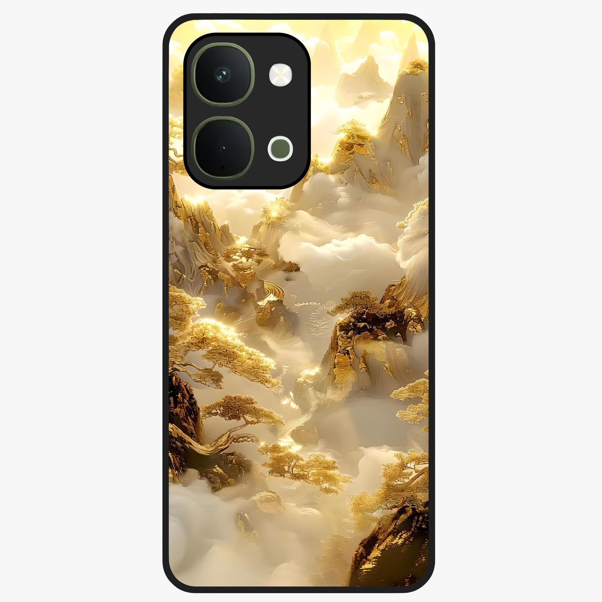 Gates Of Illumination Glass Case showing flat back view with mystical illuminated gate artwork and glossy glass finish.