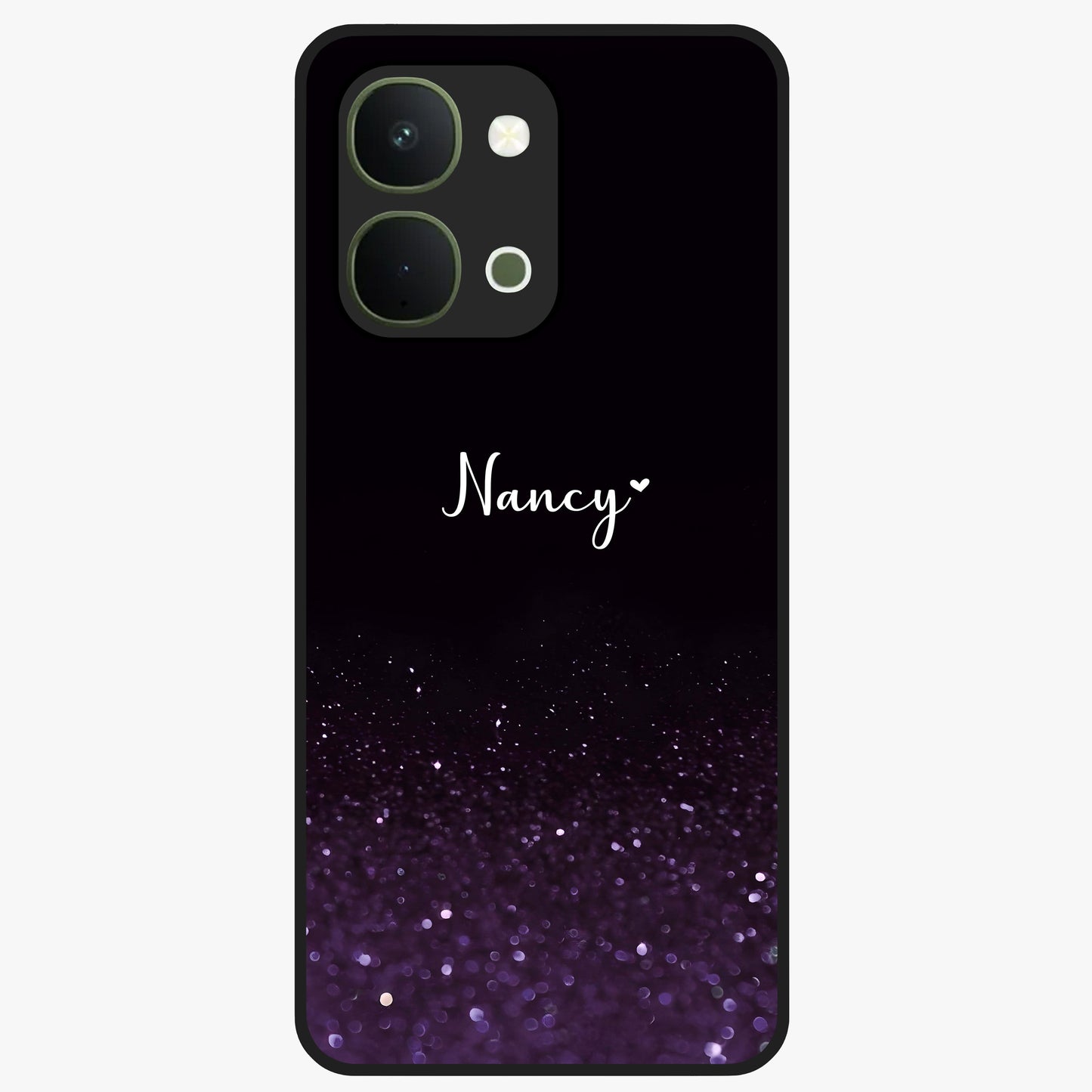 Glittery Purple Bokeh Custom Name Glass Case showing flat back view with purple bokeh sparkle artwork and personalized name design.