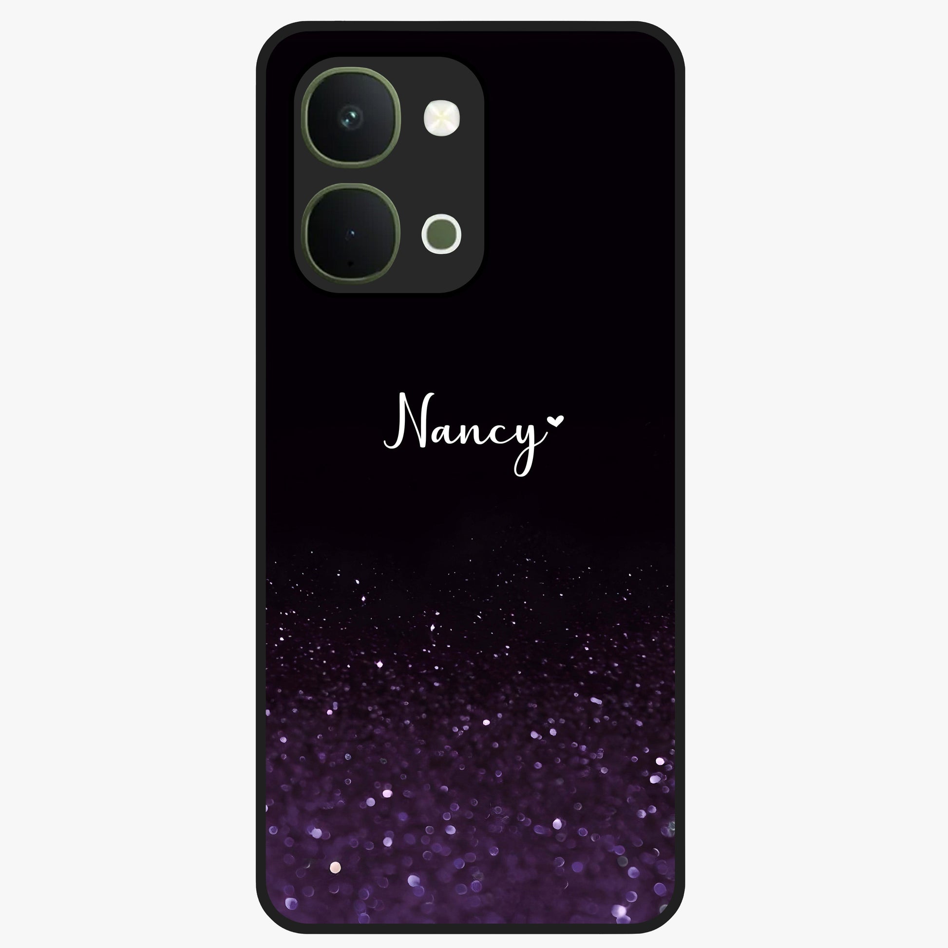 Glittery Purple Bokeh Custom Name Glass Case showing flat back view with purple bokeh sparkle artwork and personalized name design.