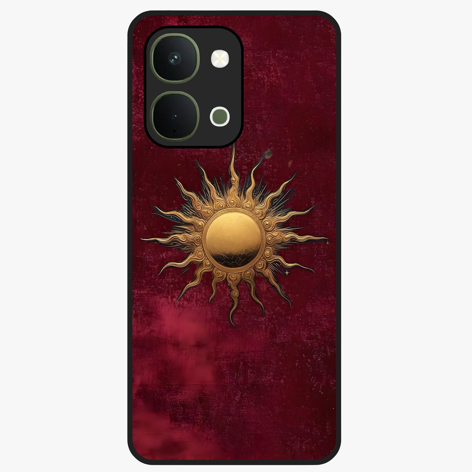Gold Sun Blush Glass Case showing flat back view with golden sun inspired artwork and glossy glass finish.