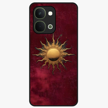 Gold Sun Blush Glass Case showing flat back view with golden sun inspired artwork and glossy glass finish.