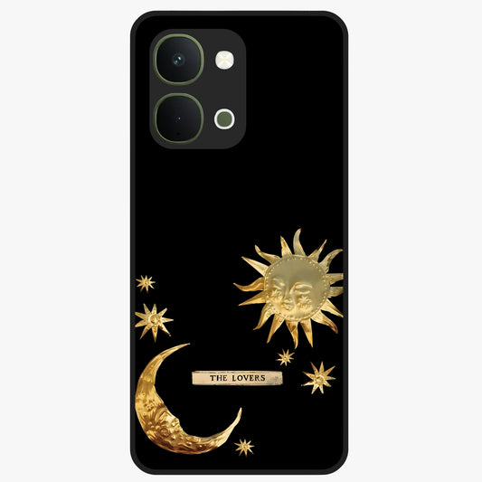 Golden Celestial Charm Glass Case showing flat back view with golden celestial charm artwork and glossy glass finish.
