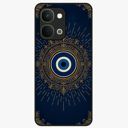 Golden Evil Eye Mandala Glass Case showing flat back view with intricate evil eye mandala artwork and glossy glass finish.