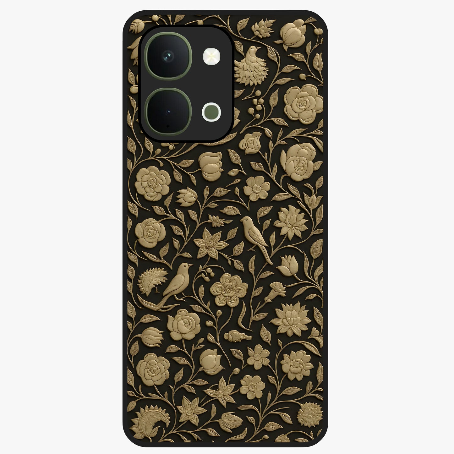 Golden Floral Majesty Glass Case showing flat back view with luxurious golden floral artwork and glossy glass finish.