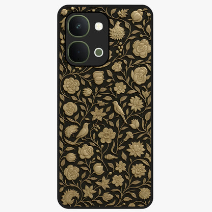 Golden Floral Majesty Glass Case showing flat back view with luxurious golden floral artwork and glossy glass finish.