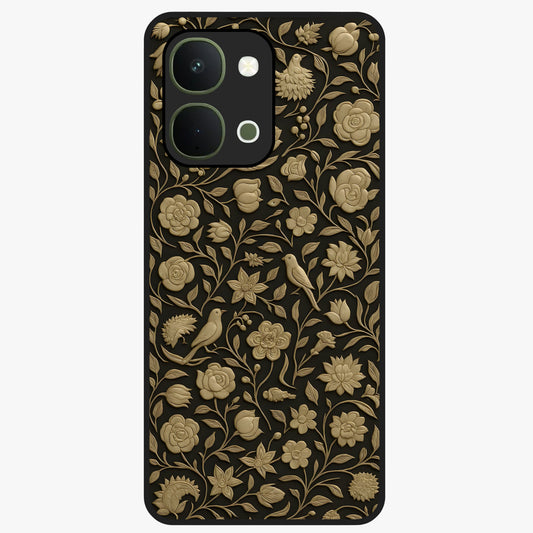Golden Floral Majesty Glass Case showing flat back view with luxurious golden floral artwork and glossy glass finish.